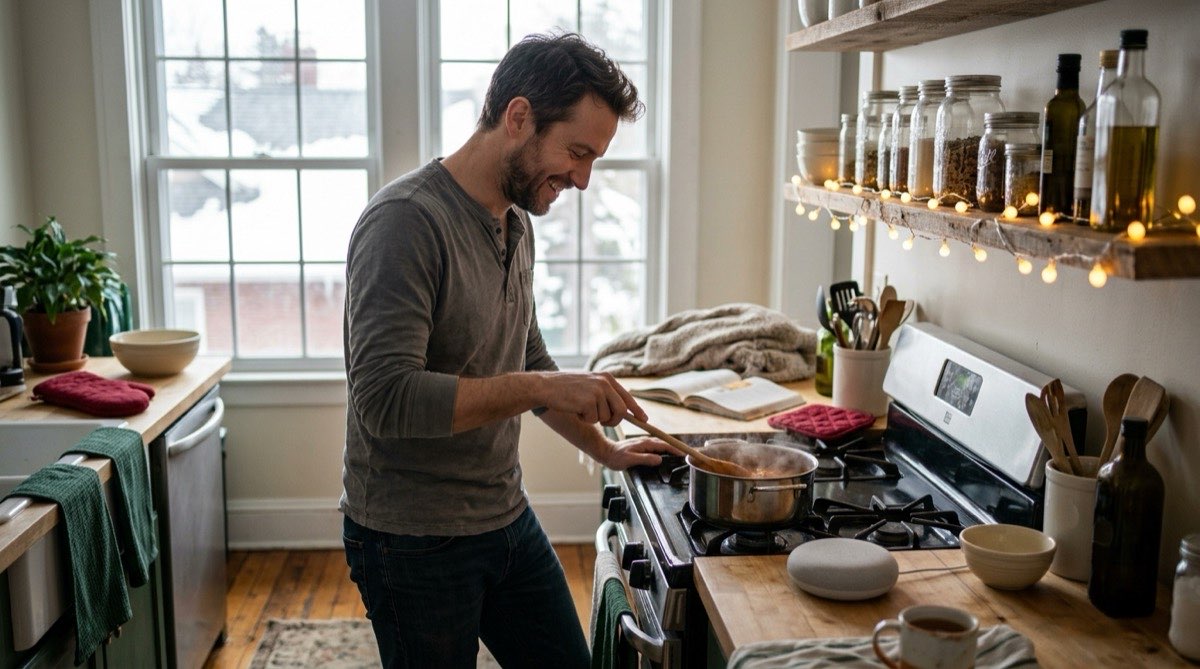Man half dancing while he cooks, a small speaker on the kitchen counter, string lights on the shelf