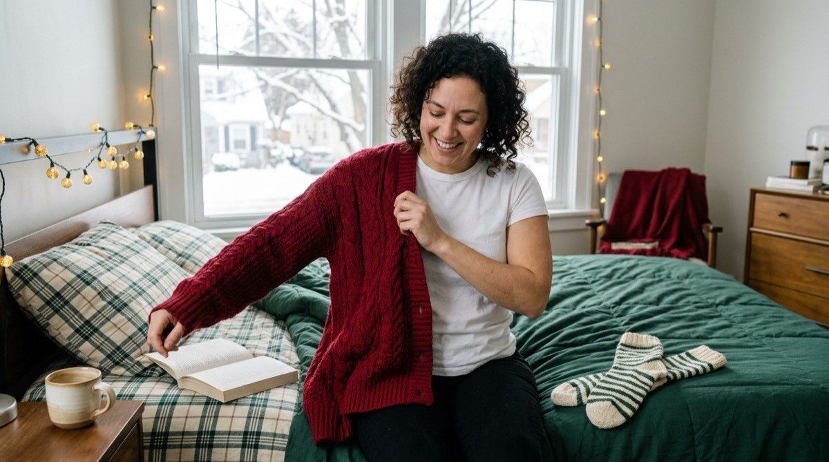 Woman pulling on a red knitted sweater on the edge of a bed, wool socks beside her