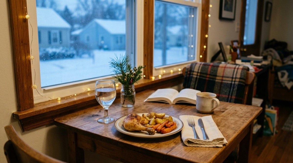 Table set for one with a roast chicken dinner, a cloth napkin and a pine sprig