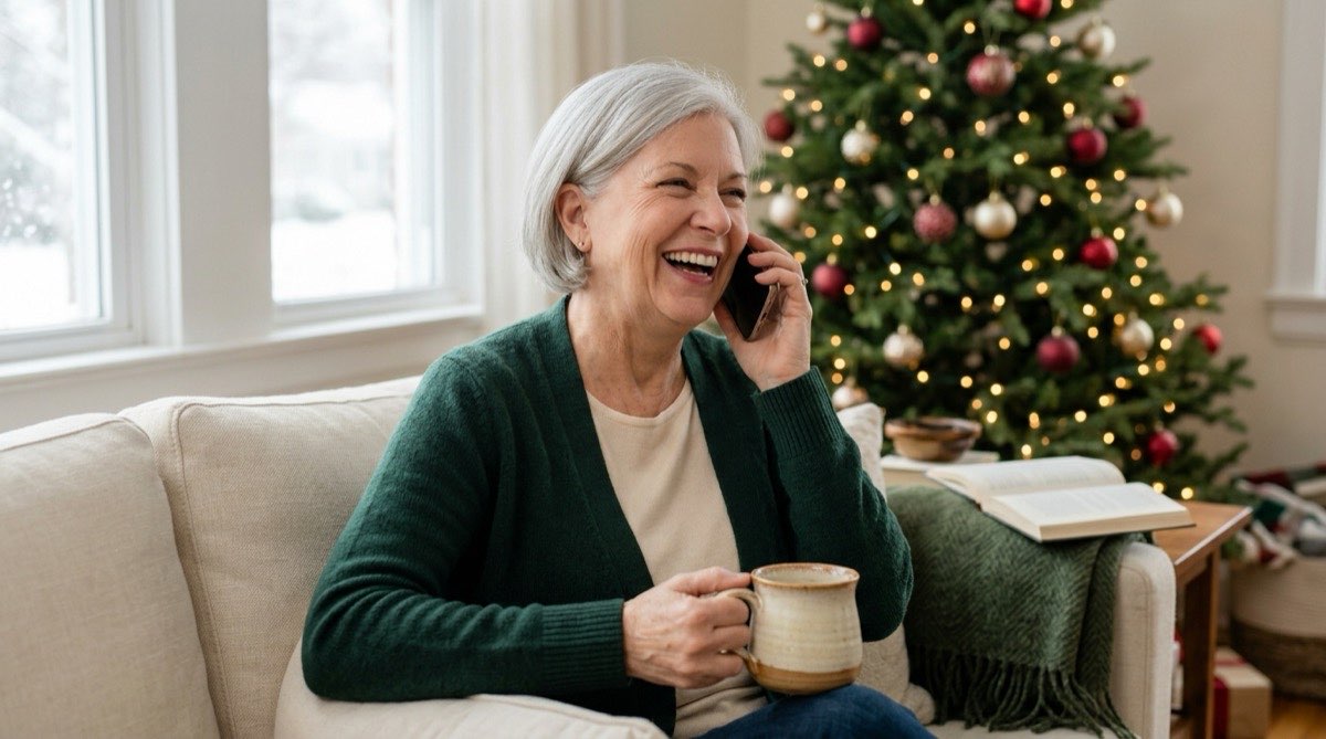 Older woman laughing on a phone call on the sofa, a lit Christmas tree behind her