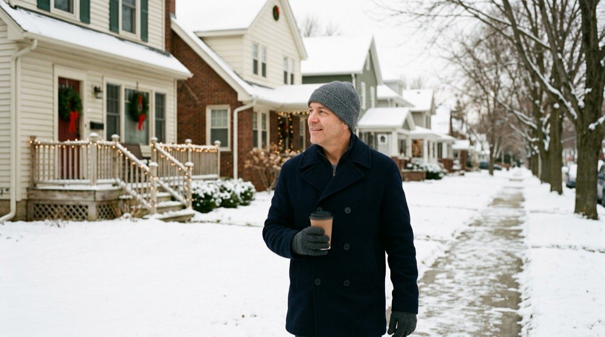 Man walking along a snowy street with a coffee, houses decorated for Christmas behind him