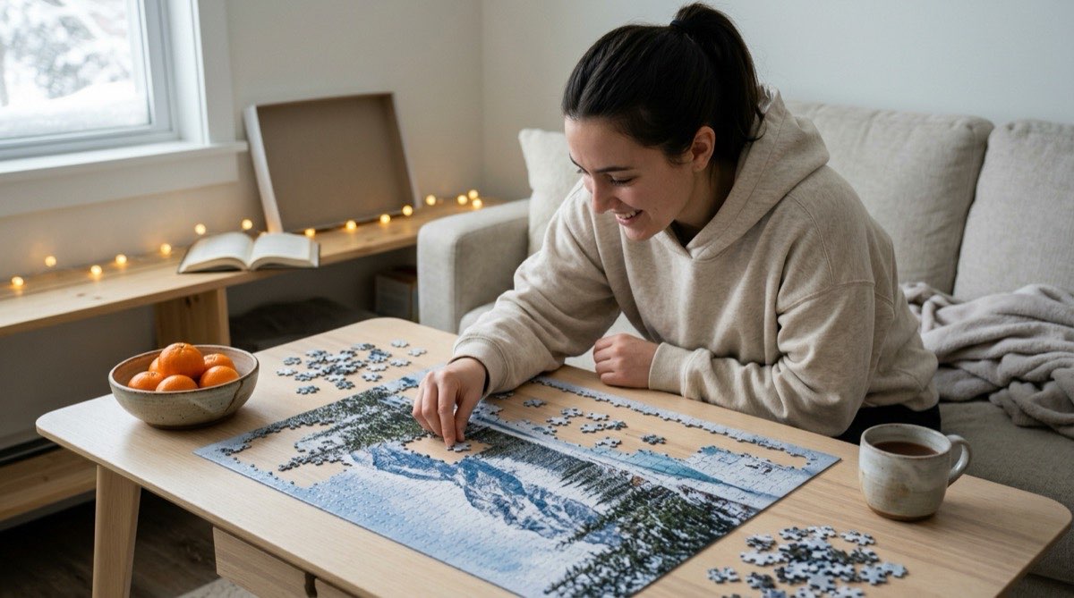 Woman fitting a piece into a half finished winter jigsaw puzzle on a coffee table