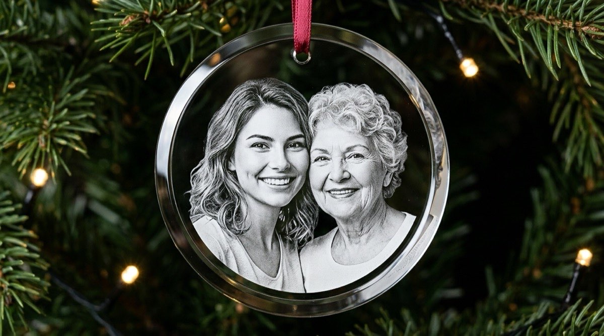 Round crystal ornament with a mother and daughter engraved inside, hanging on a Christmas tree branch