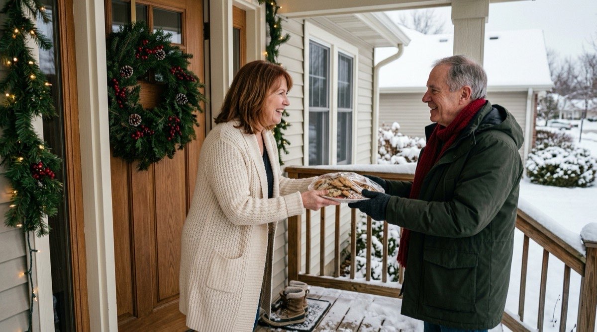 Woman at her front door taking a plate of cookies from a neighbor on a snowy porch