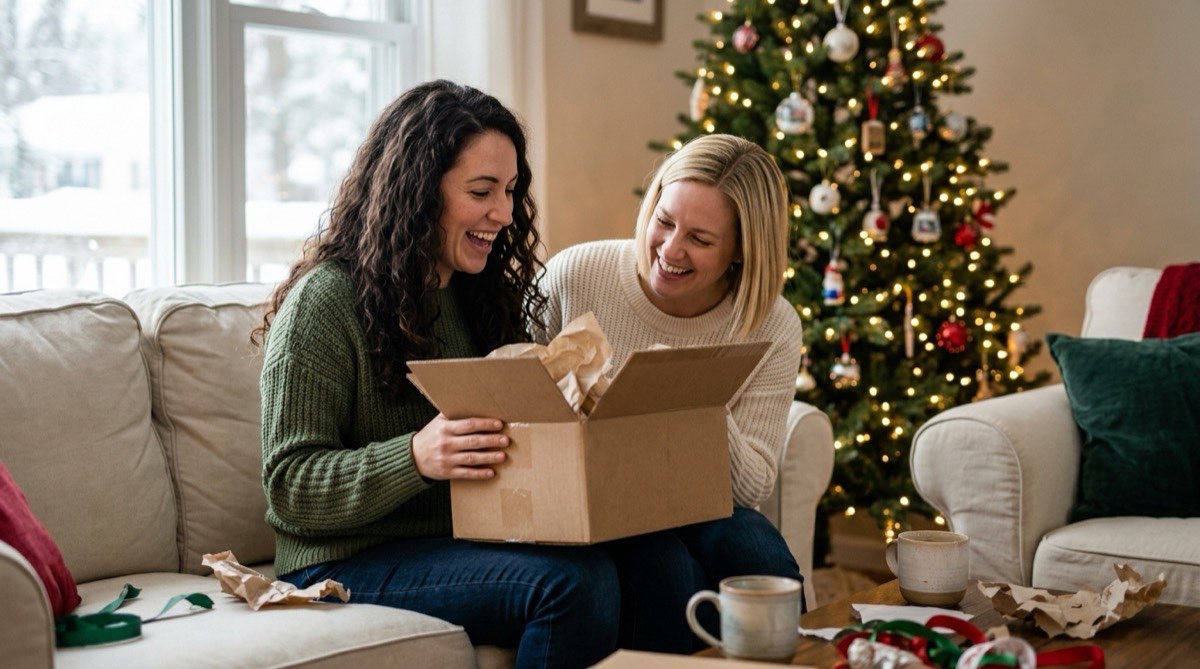 Two friends on a sofa laughing as one opens a delivered gift box in December