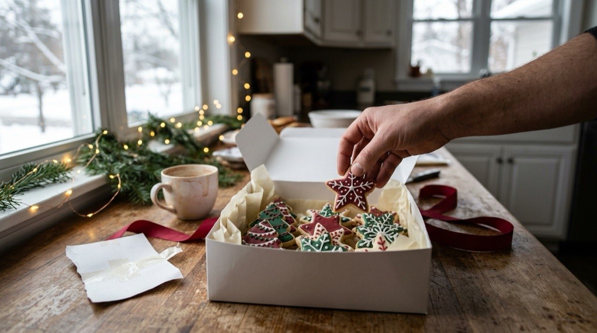 Box of iced Christmas cookies shaped like trees and stars, a hand lifting one out