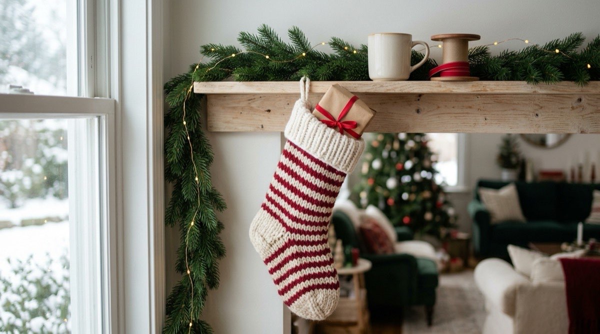 Knitted cream and red Christmas stocking hanging from a shelf with a pine garland