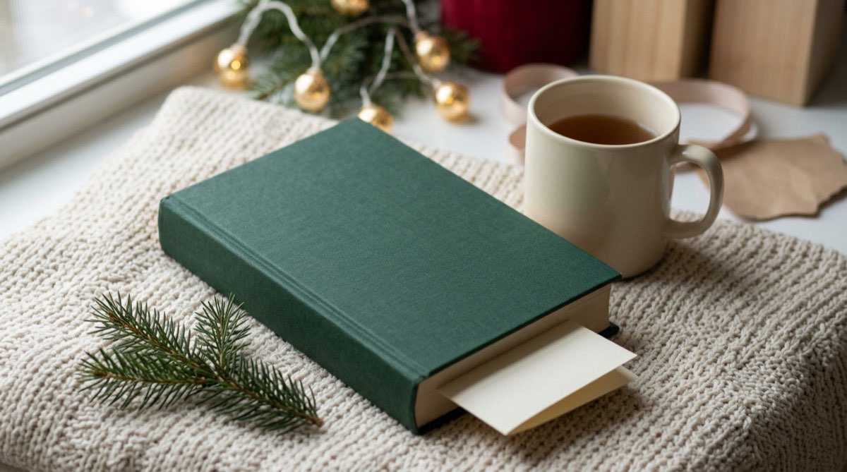 Green hardcover book on a knitted throw with a folded note tucked inside, a mug of tea beside it