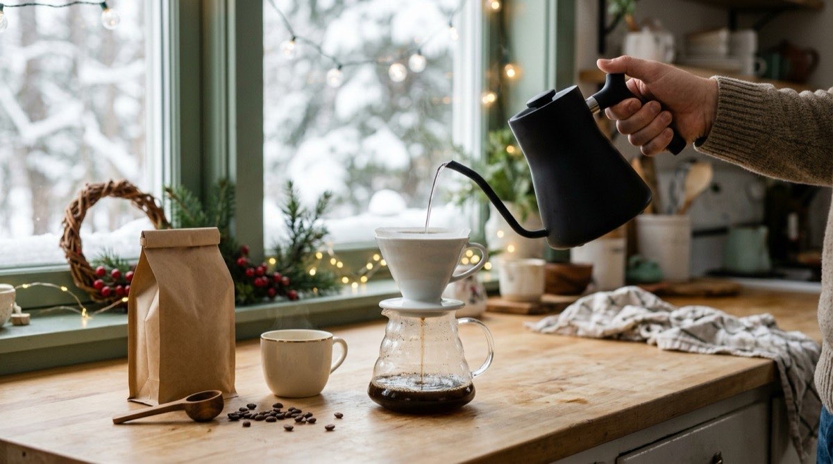 Pour-over coffee set on a kitchen counter, a kettle pouring water into the dripper