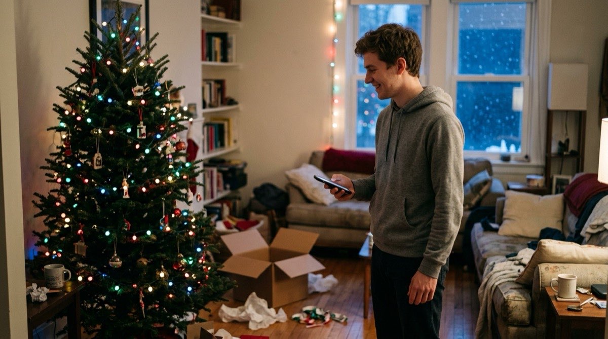 Man smiling at a tree lit with multicolored smart lights, holding his phone