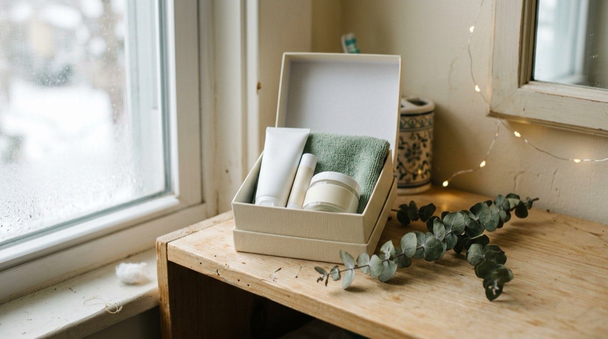 Small gift box with hand cream, lip balm and body butter in plain packaging
