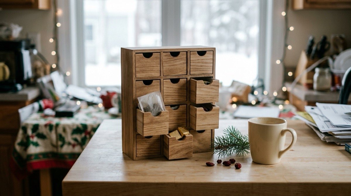 Grown-up advent calendar with small drawers open, tea and chocolates inside