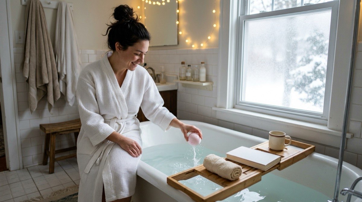 Woman in a robe dropping a bath bomb into a bath, a tray with a book across the tub
