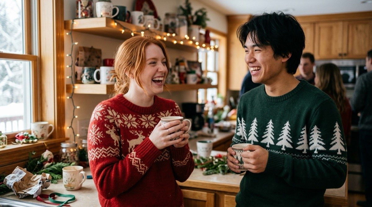 Two friends laughing in Christmas sweaters with snowflake and pine tree patterns