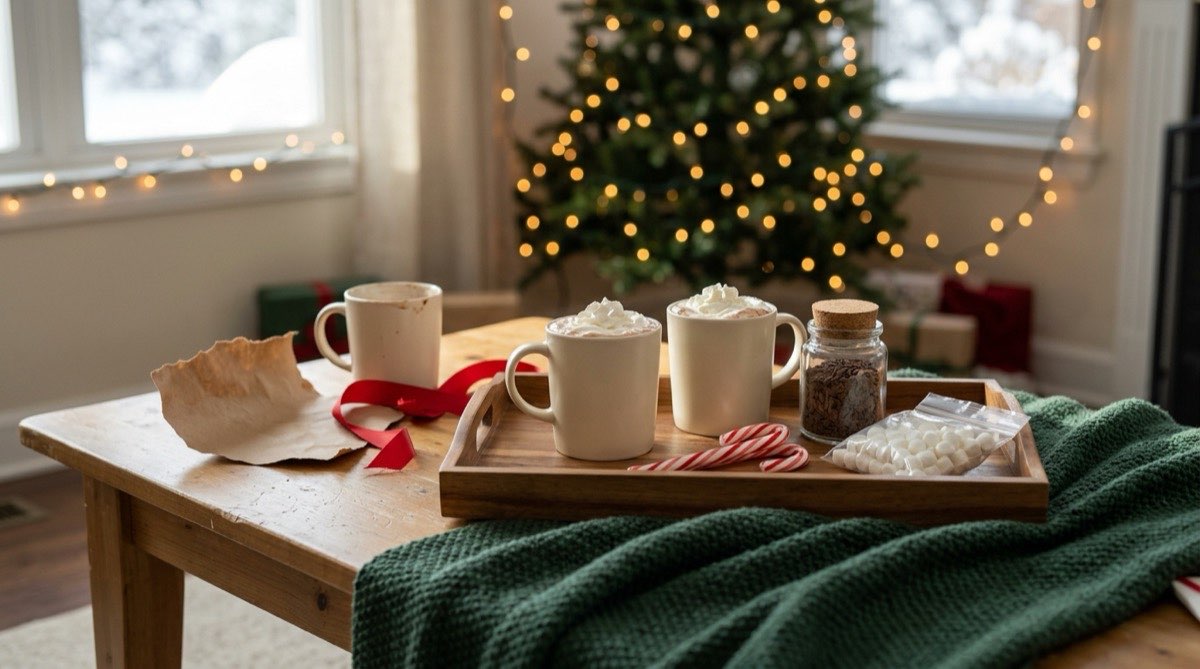 Hot chocolate set on a wooden tray with marshmallows, candy canes and two full mugs