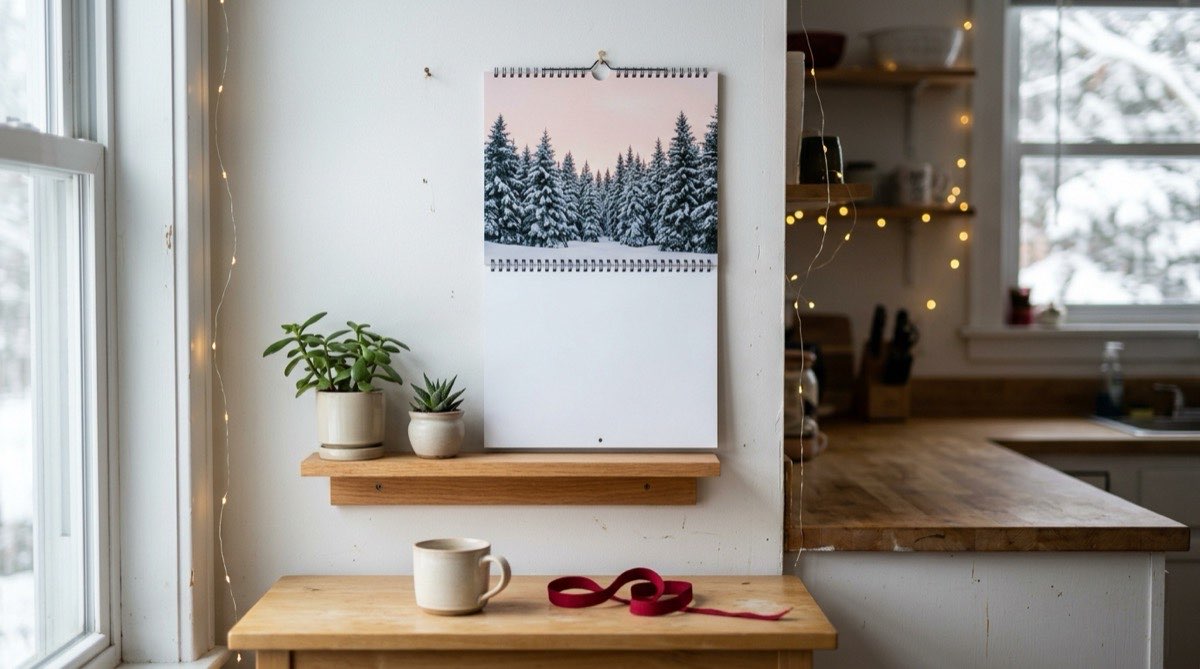 Wall calendar with a snowy forest photograph hanging in a bright kitchen