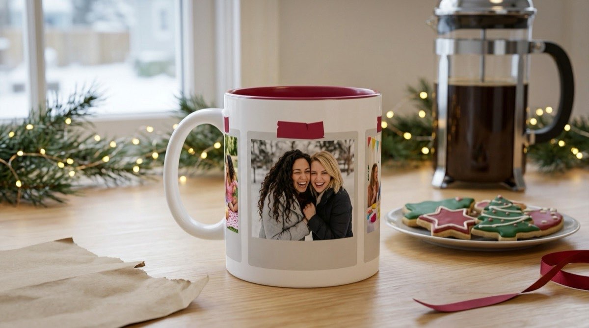 White photo mug with three polaroid-style photos of two friends and a red interior, beside Christmas cookies
