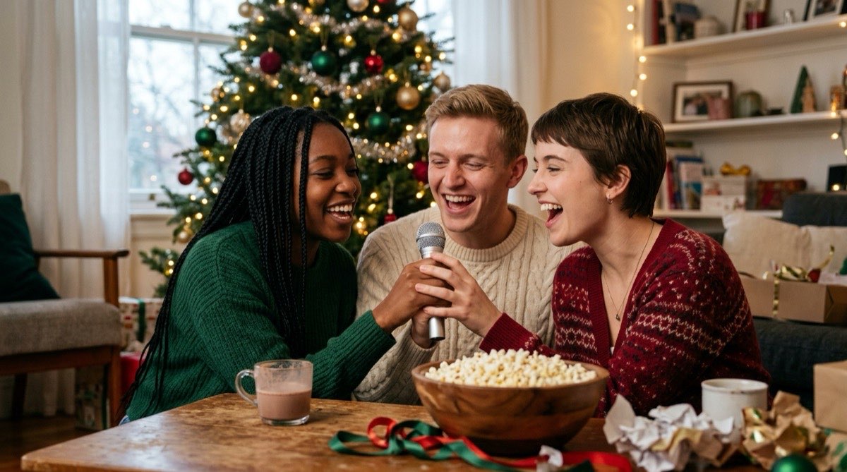 Three friends singing into a wireless microphone together in a living room at Christmas