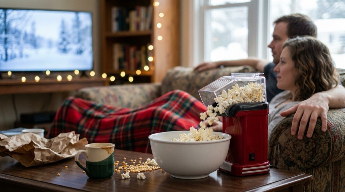 Small red popcorn maker filling a bowl on a coffee table, a couple on the sofa behind it