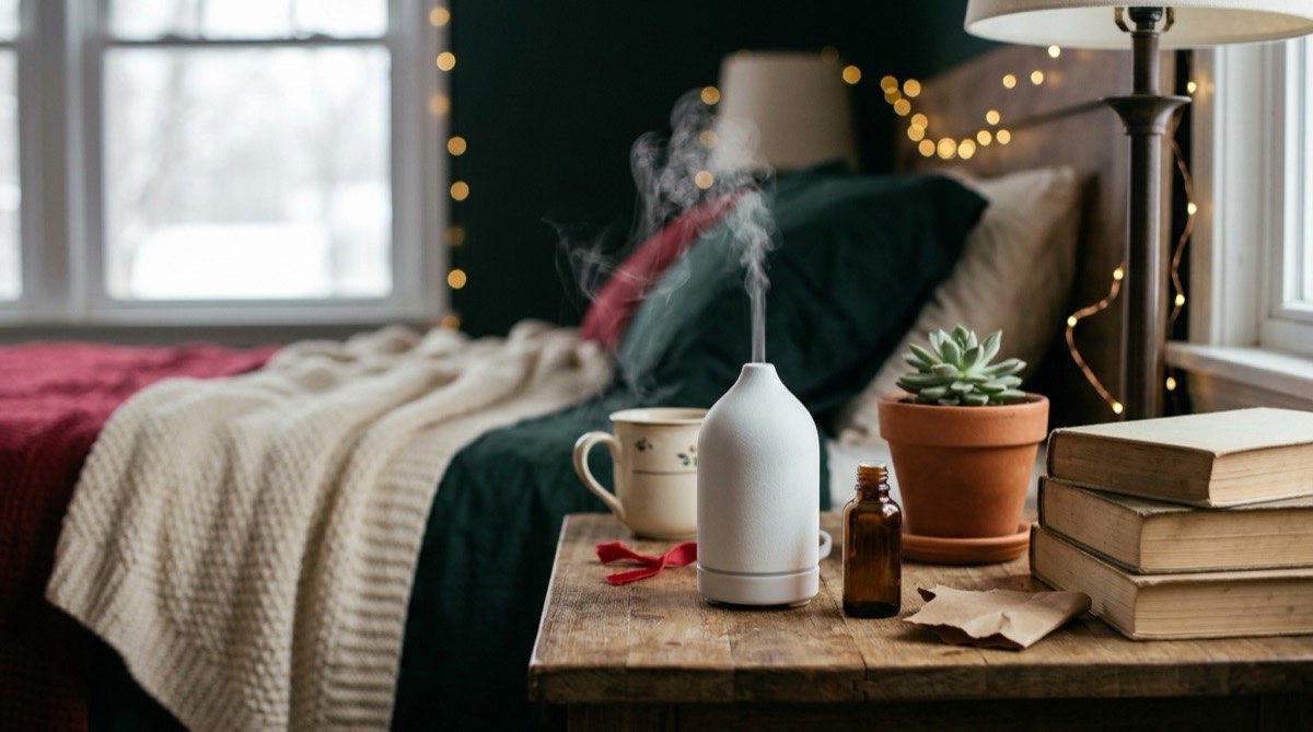 White essential oil diffuser releasing mist on a bedside table beside books