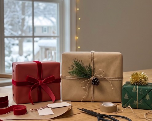 Christmas gift wrapping ideas on a table: presents in red paper with velvet ribbon, kraft paper with pine, green tree paper and a knotted fabric wrap