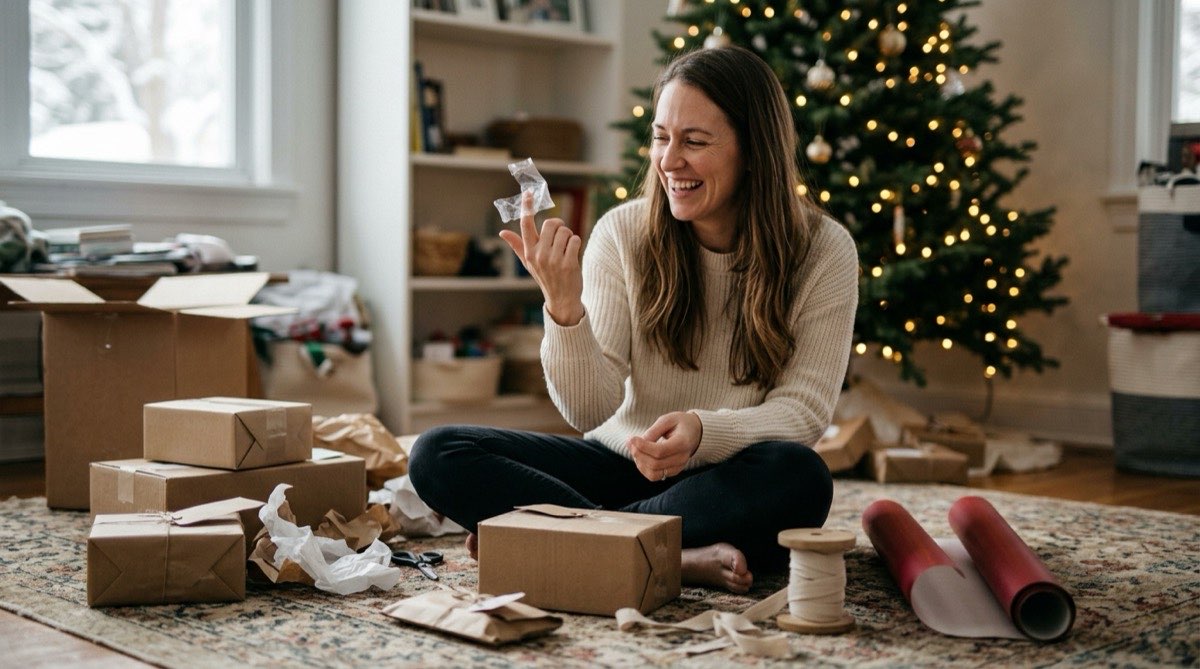 Woman laughing on the floor among unwrapped presents and paper on Christmas Eve