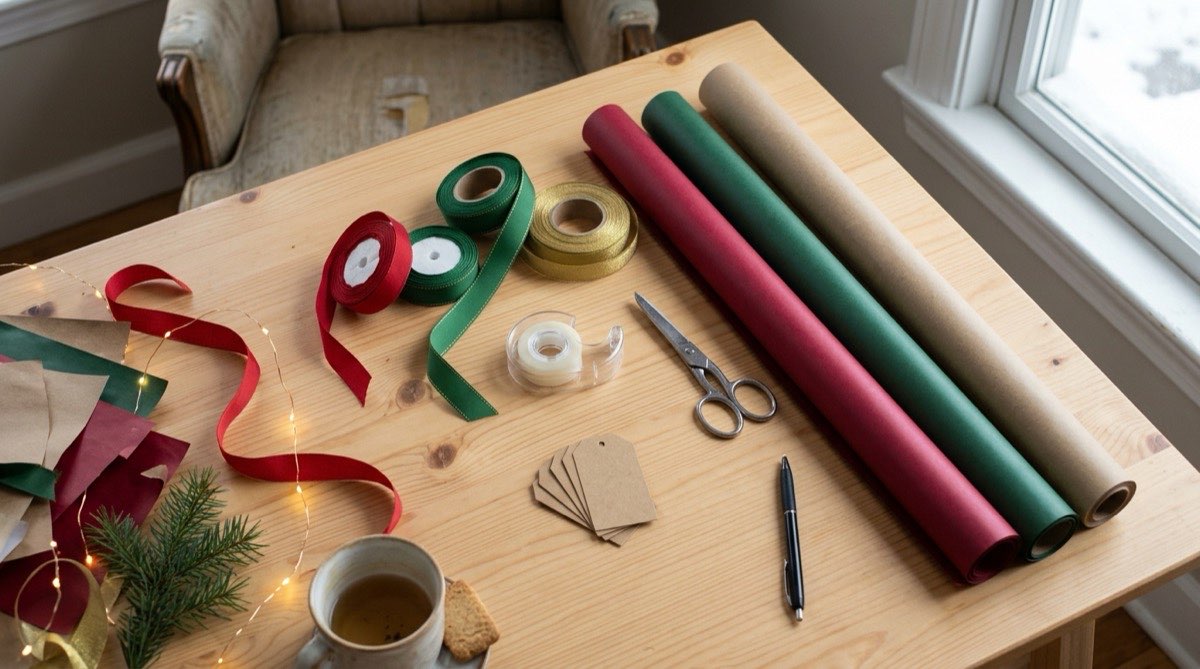 Wrapping supplies laid out on a table: paper rolls, tape, scissors, ribbon and tags