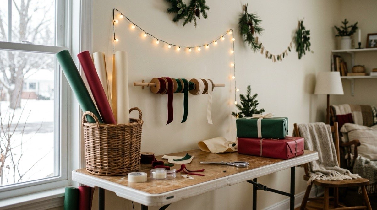 Folding table set up as a gift wrapping station with paper rolls in a basket and ribbon spools