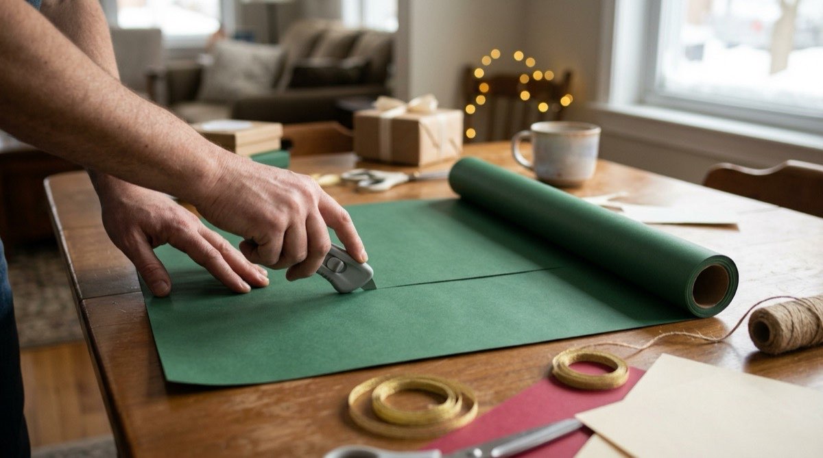 Hands sliding a handheld wrapping paper cutter along green paper for a straight cut