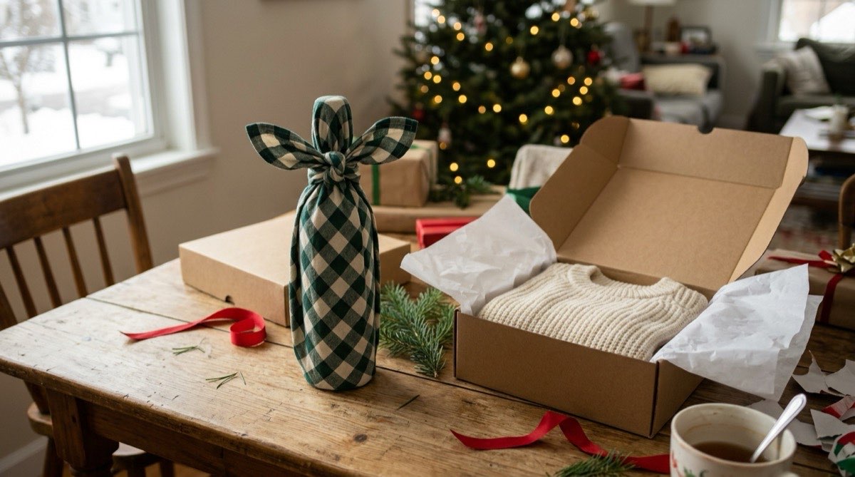 Bottle wrapped in knotted green fabric beside a kraft gift box with a folded sweater