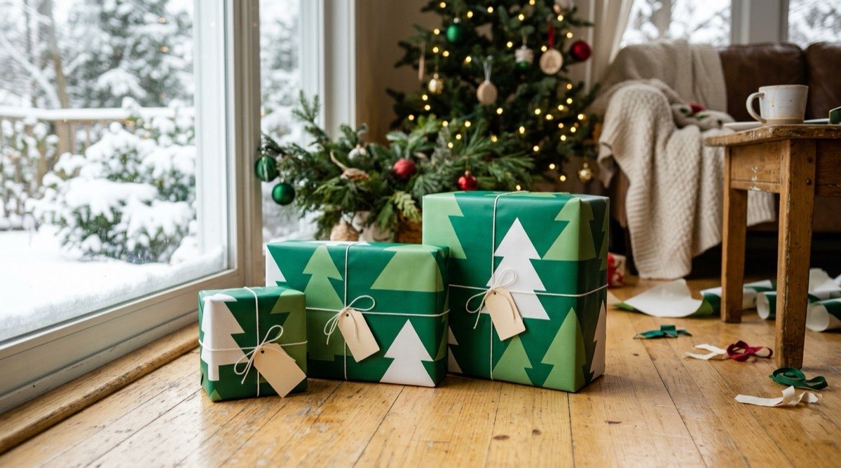 Three presents wrapped in bold geometric pine tree paper tied with plain white string