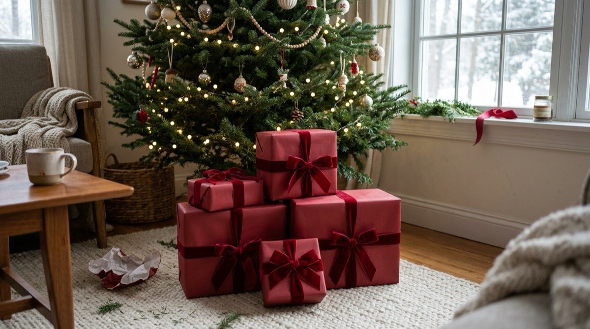 Stack of presents in matte deep red paper with matching red velvet ribbon under a tree
