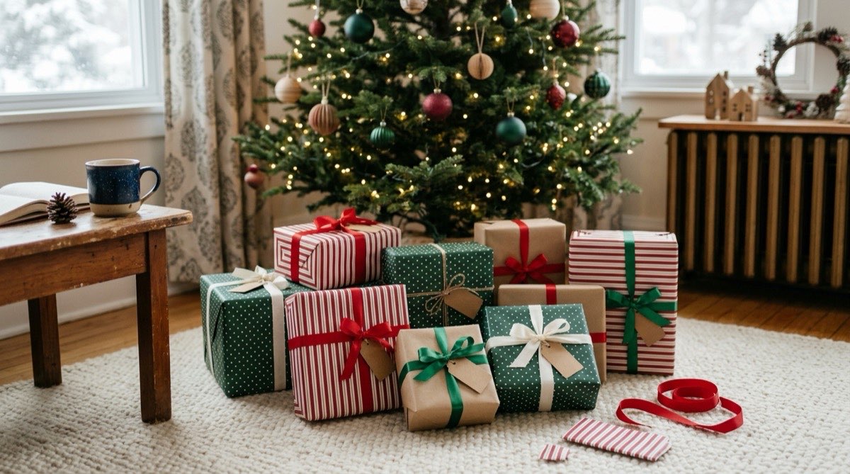 Presents wrapped in three coordinated papers with stripes, dots and kraft, grouped near a tree