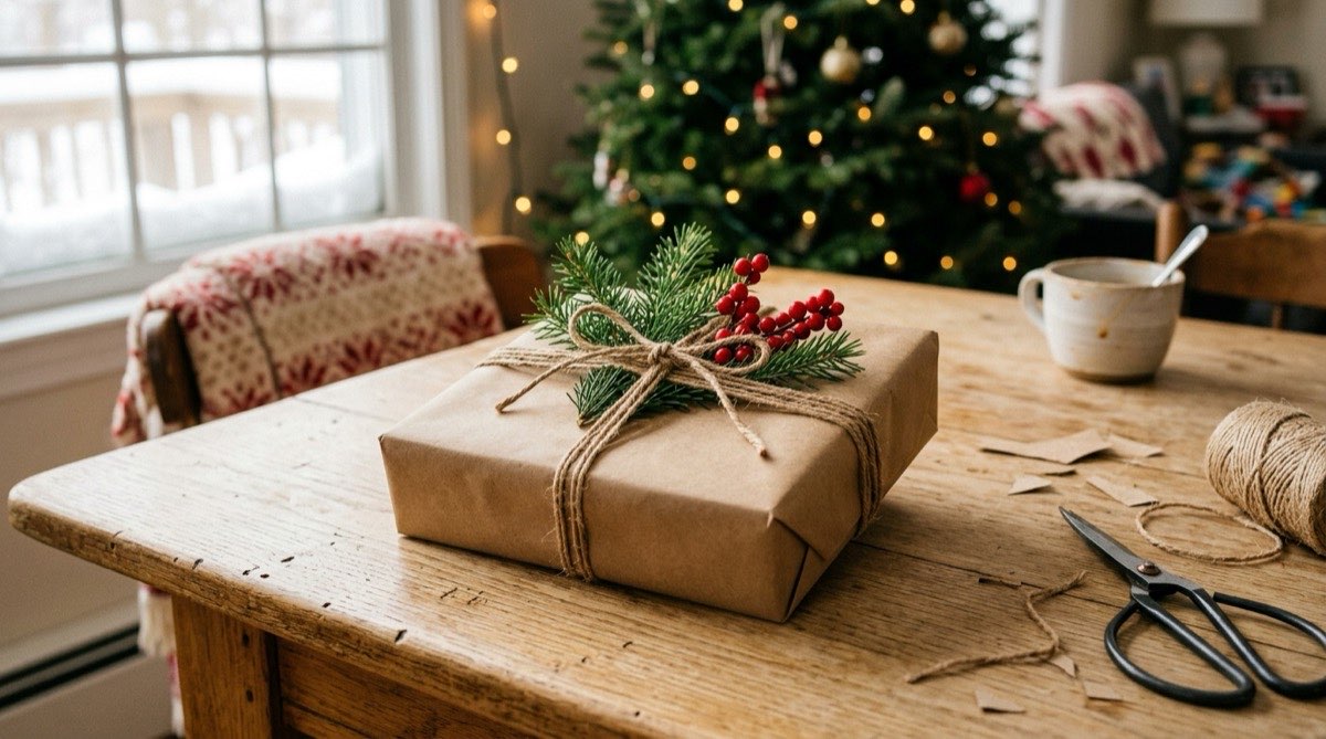 Kraft paper present tied with twine, a sprig of pine and red berries tucked under the knot