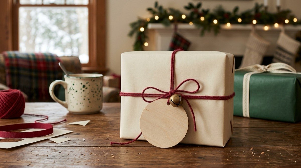 Cream wrapped present with a large blank wooden tag and a small bell tied on with red string