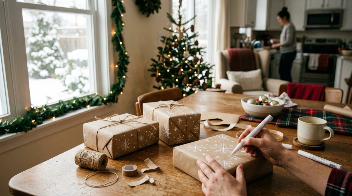 Hands drawing snowflakes with a white paint pen on a present wrapped in brown kraft paper