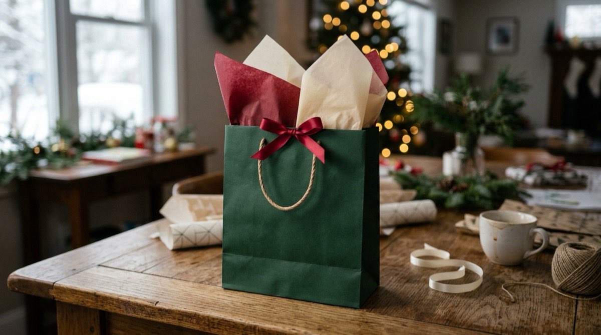 Green gift bag with cream and red tissue paper fanned out of the top, a ribbon on the handles
