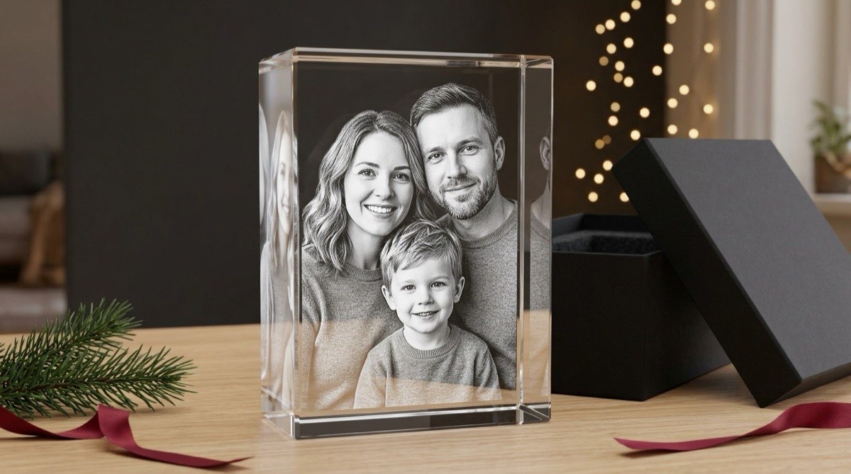Rectangle crystal with a family photo engraved inside, standing beside its open black gift box