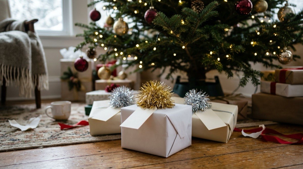 White wrapped present topped with a shiny gold tinsel pom-pom instead of a bow