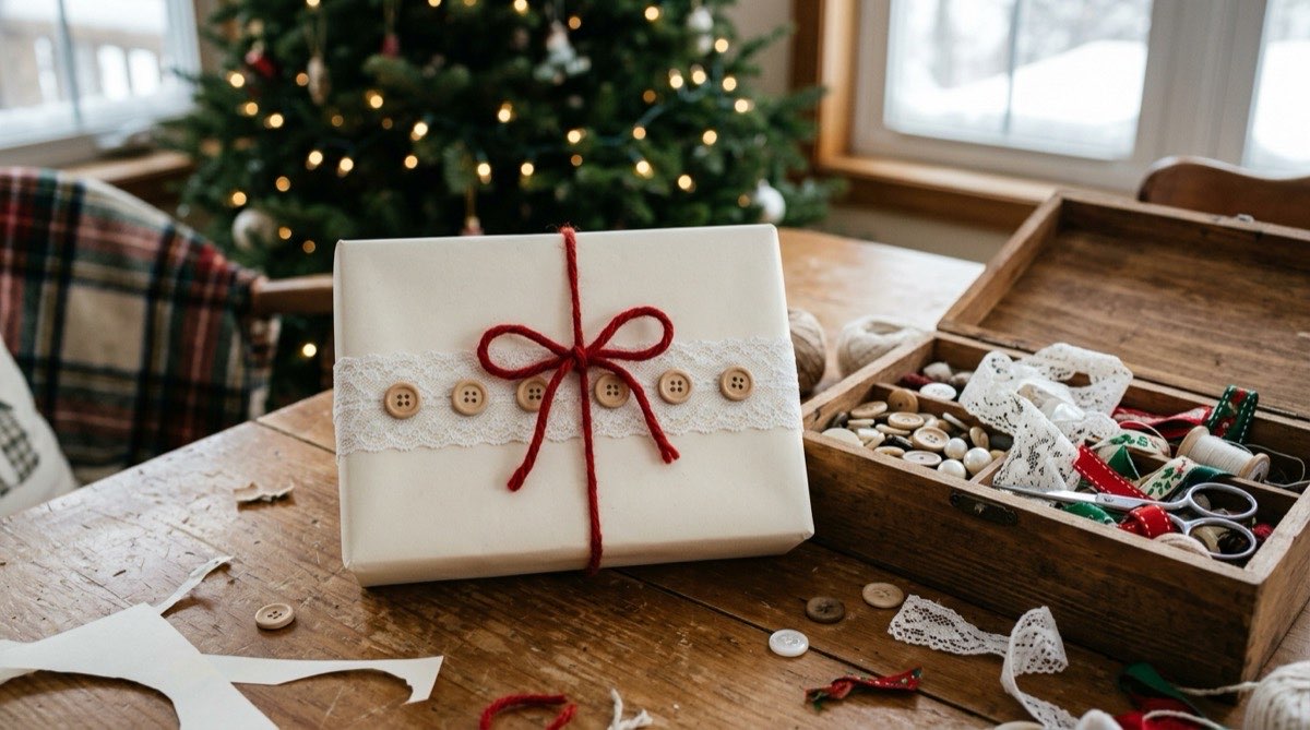 Cream present decorated with lace, a row of buttons and red yarn, a craft box beside it