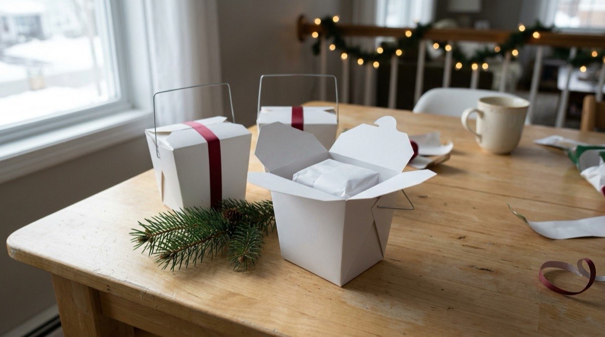 Three white takeout-style gift boxes tied with red ribbon, one open with a small gift inside