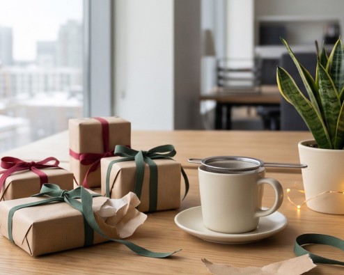 Secret Santa gifts for coworkers: kraft-wrapped presents with red ribbon, a tea infuser mug and a snake plant on an office desk
