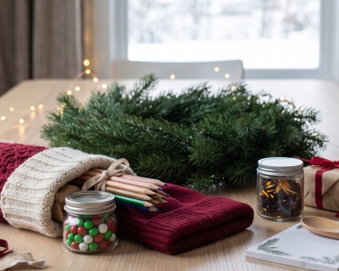 Christmas stocking stuffers spilling from a red knitted stocking: pencils, candy, a beanie, tea and a wooden spoon