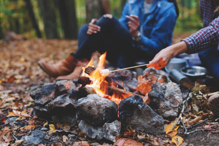 A family goes camping in fall weather and roasts marshmallows over a fire.