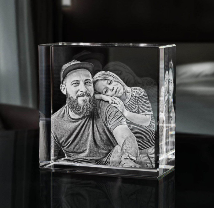 A personalized crystal gift for Father’s Day with a photo of a dad and daughter inside.