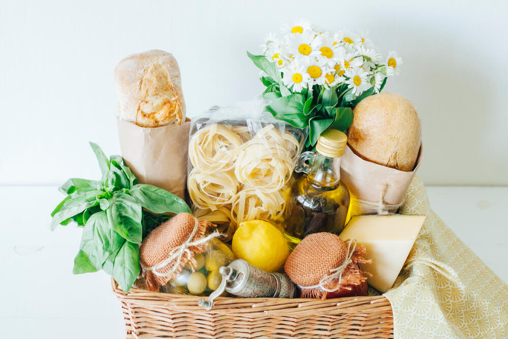 A gourmet gift basket for Mother’s Day filled with delicious treats.