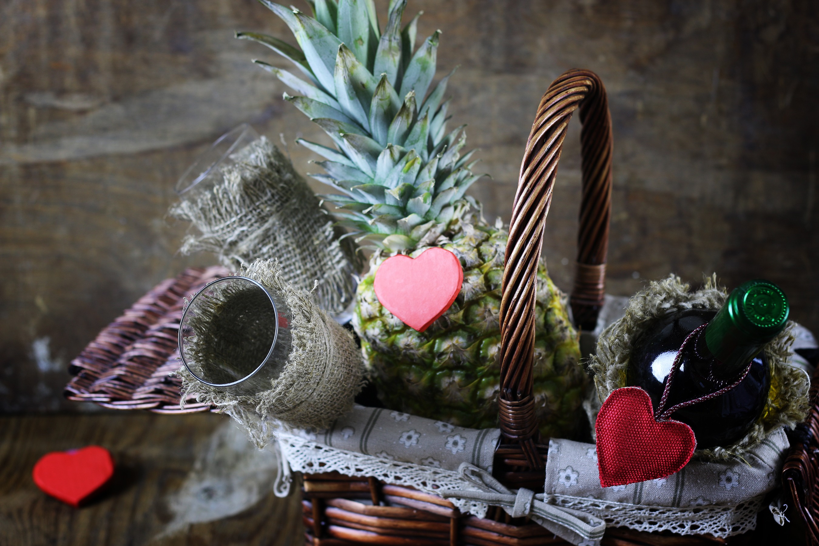 A food gift basket with wine and dessert for girlfriends on a romantic date night.