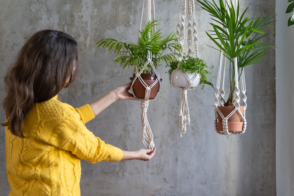 A Scorpio woman nurtures her houseplants in hanging pots.