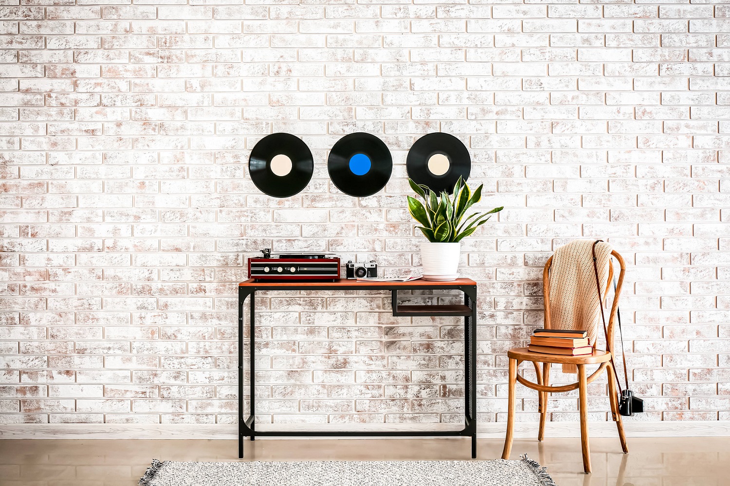 Dad’s favorite vinyl records are displayed on the wall in his home office.
