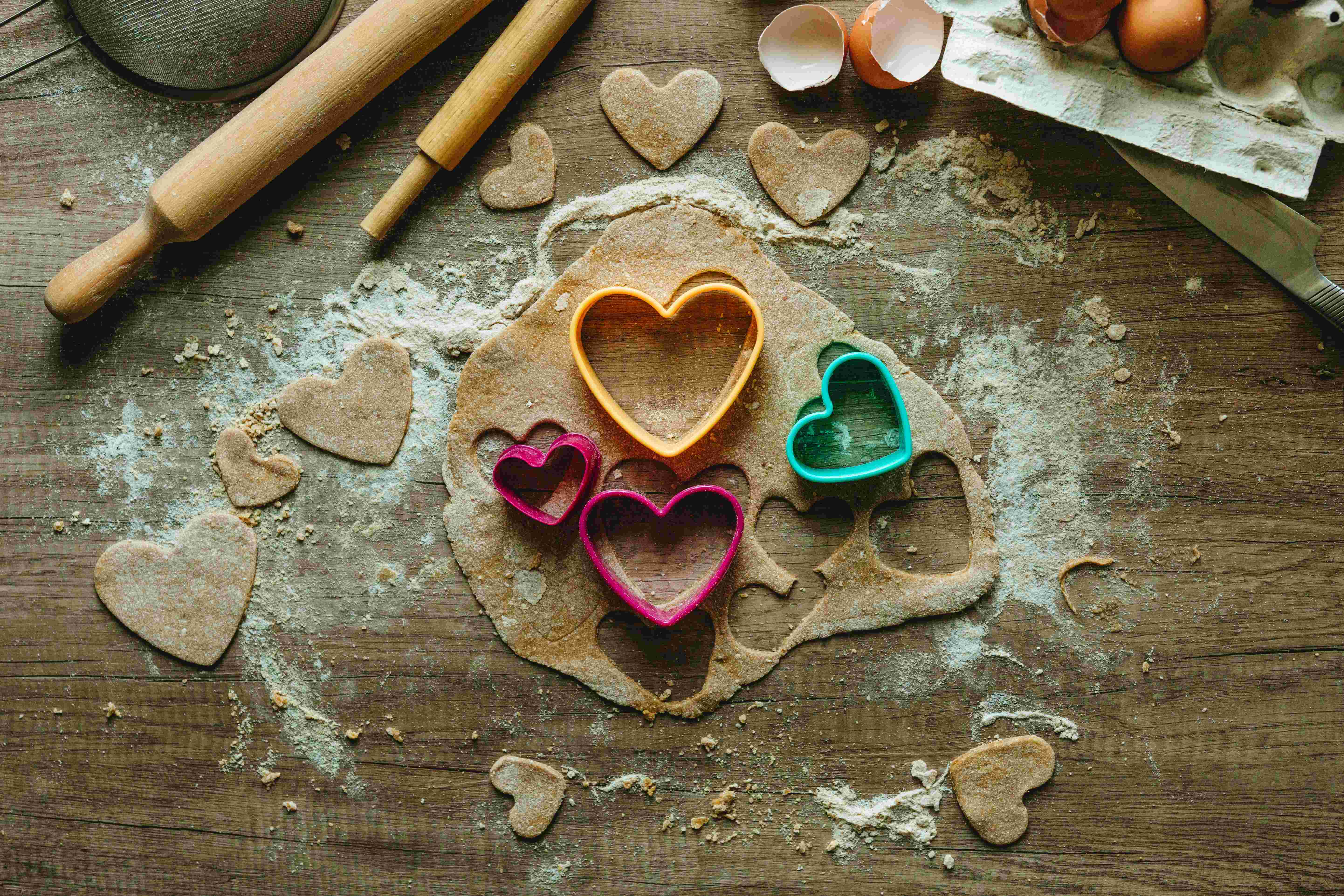 Colorful, heart-shaped cookie cutters for Valentine’s Day baking.
